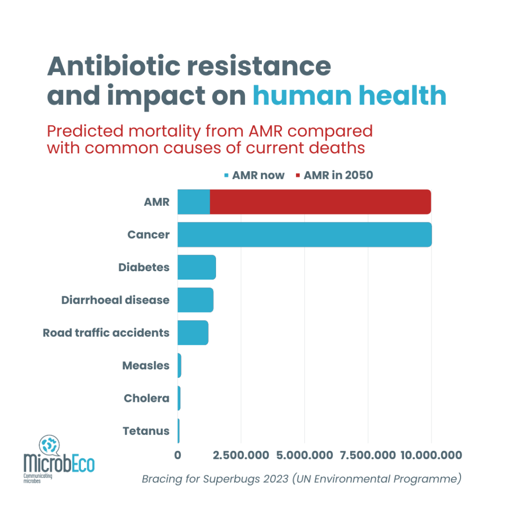 Predicted mortality from AMR compared with common causes of current deaths
Source: adapted from "Bracing for Superbugs 2023 (UN Environmental Programme)"