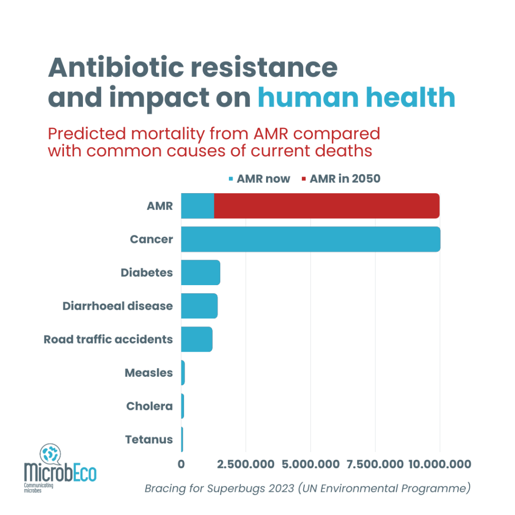 Predicted mortality from AMR compared with common causes of current deaths 
Source: adapted from "Bracing for Superbugs 2023 (UN Environmental Programme)"